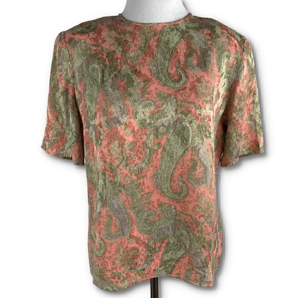 Carlisle womens top size 8 green peach pink 100% silk vintage 80s career - Picture 1 of 9